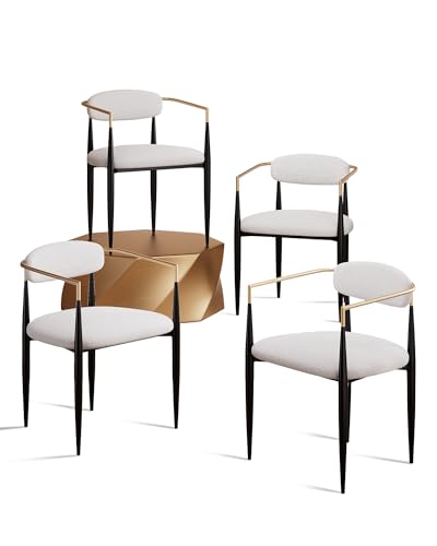 Stylish White Boucle Dining Chairs Set of 4, Metal Legs, Brushed Gold Accents