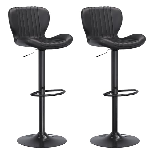 Black Leather Adjustable Bar Stools for Kitchen Set of 2