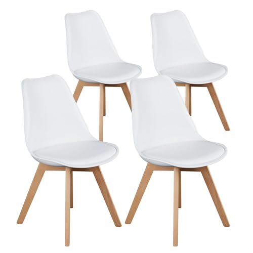 Mid-Century Modern White Dining Chair Set, Wood Legs, Leather Cushion