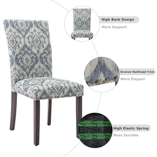 Blue and White Flower Upholstered Dining Chair Set (2 Pack)