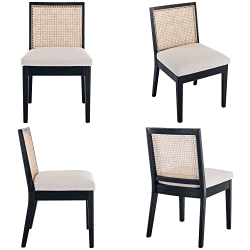 Rattan Cream Linen Dining Chairs Set of 4