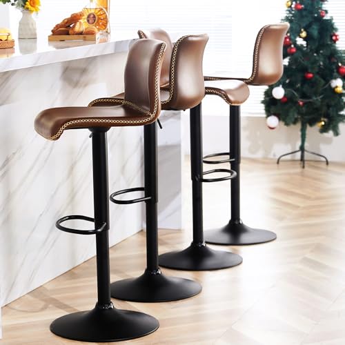 Brown Faux Leather Swivel Bar Stools Set, 4 for Kitchen Island, Adjustable Height