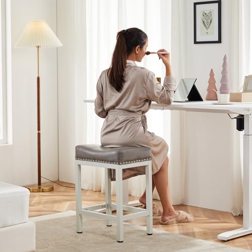 2 Pack Grey 24-inch Kitchen Bar Stools Metal Base PU Leather Seat