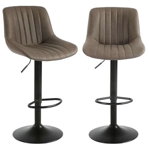 Brown Swivel Barstool Set with Back & Adjustable Faux Leather