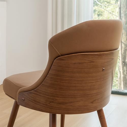 Walnut Brown Leather Dining Chairs with Upholstered Seat and Curved Arms