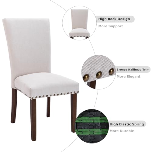 4 Beige Upholstered Dining Chairs with Nailhead Trim