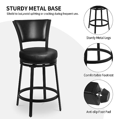 Black 25-inch round swivel bar stools for kitchen counter set of 2