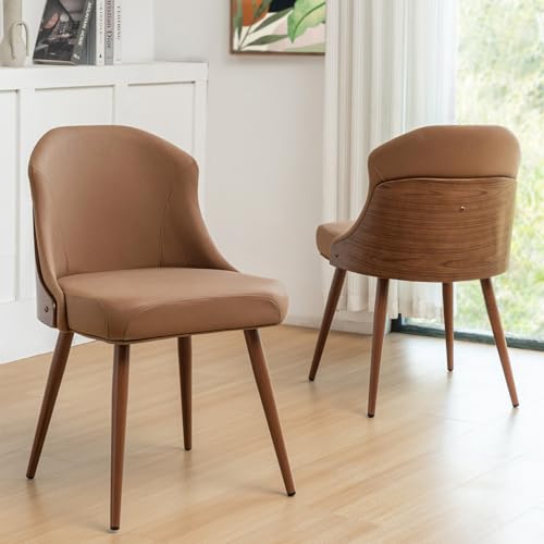 Walnut Brown Leather Dining Chairs with Upholstered Seat and Curved Arms
