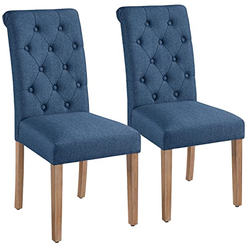 Tufted Blue Fabric Dining Chair Set, Solid Wood Legs