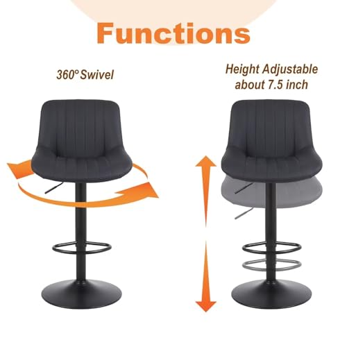4 Swivel Leather Bar Stools for Counter Height, Modern Kitchen Island Seating, Black