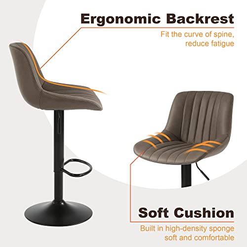 Brown Swivel Barstool Set with Back & Adjustable Faux Leather