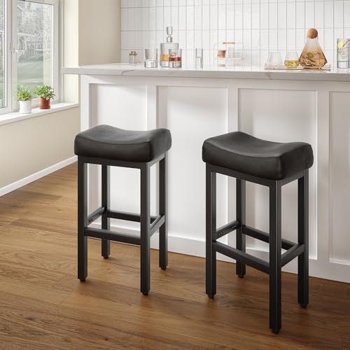 2-Piece 29" Bar Height Black Leather Stool Set for Kitchen Island