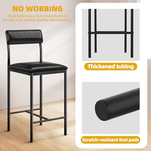 2-Pack Black Bar Stools with Back & Footrest - 26.18" Counter Height, Thick Cushion