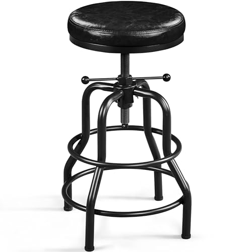 Vintage Black Industrial Bar Stool with Faux Leather Seat, Adjustable Height