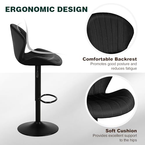 2 Modern Black Velvet Bar Stools with Adjustable Height and Swivel for Kitchen Island