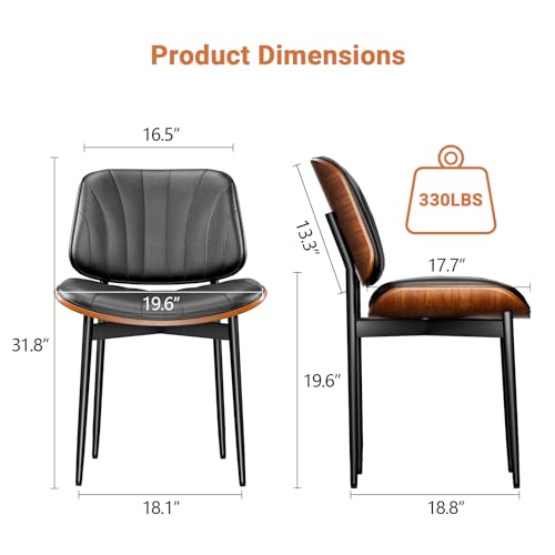 Mid Century Modern 2-Piece Dining Chair, PU Leather Upholstered, Walnut Bentwood Legs, Black