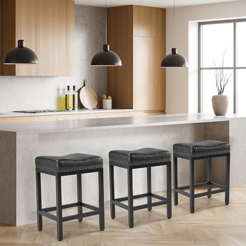 Modern Black Upholstered Kitchen Barstools - Set of 4 - 24" Counter Height - Metal Base