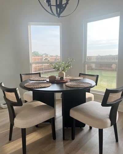 Mid Century Modern Rattan Dining Chair Set with Farmhouse Linen Cushions