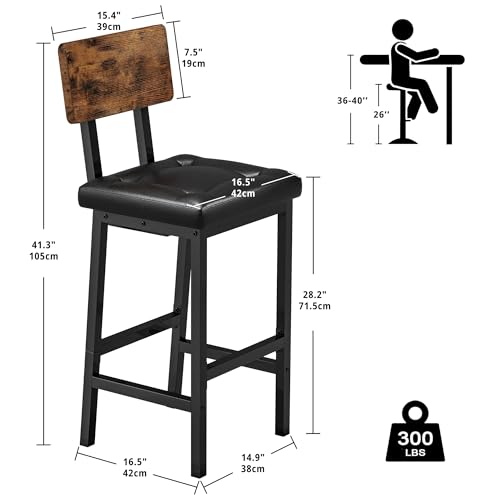 IRONCK Set of 2 Square Back Bar Stools with Footrest, Rustic Brown PU Upholstery for Kitchen Island