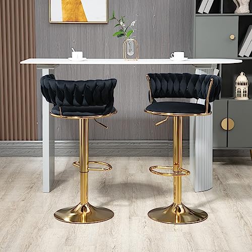 Black and Gold Velvet Bar Stools, Set of 3 for Modern Kitchen Islands