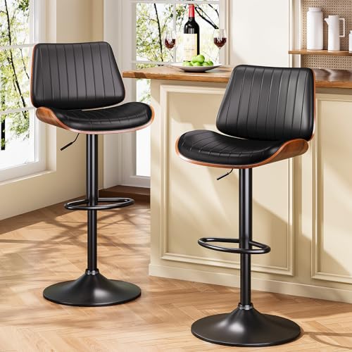 2-Pack Black Swivel Bar Stools with Bentwood Back & Leather Seat for Kitchen Island Counter
