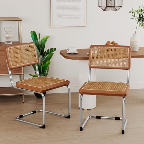 Mid Century Brown Rattan Dining Chair Set of 2 with Metal Legs