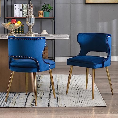 Mid Century Modern Gold Leg Blue Velvet Dining Chairs