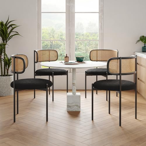 Modern Black Rattan Dining Chair Set of 4 - Upholstered with Metal Legs