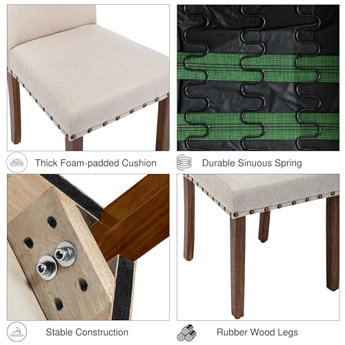 Nailhead Trim 4 Cream Upholstered Dining Chairs with Wood Legs