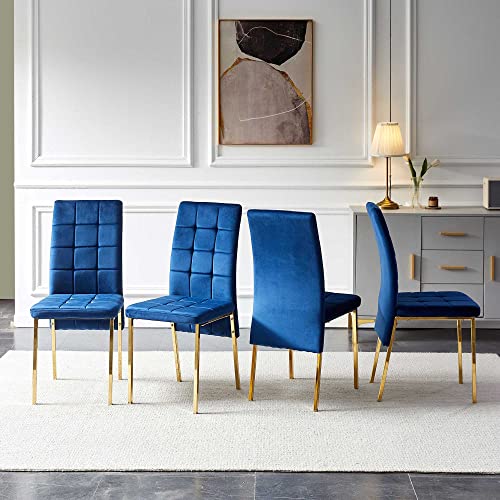 4-Piece Navy Blue Velvet Dining Chair Set with Golden Legs