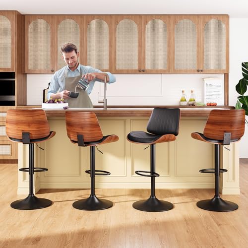 2-Pack Black Swivel Bar Stools with Bentwood Back & Leather Seat for Kitchen Island Counter