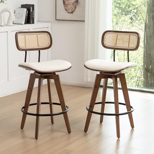 Refined title: 2 Pack Beige Rattan Swivel Bar Stools - Counter Height, Wooden Legs