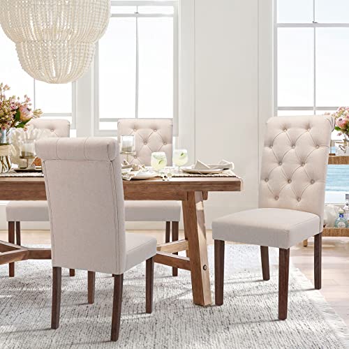 Beige Upholstered Dining Chair Set with Wood Legs (4 Pieces)