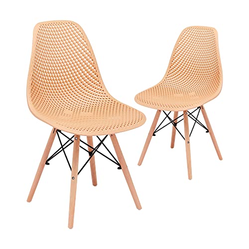 Beige Beech Wood Leg Armless Side Chair Set of 2