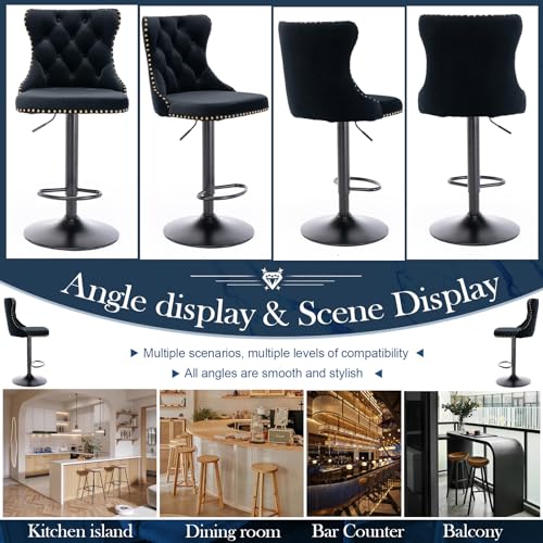 Black Velvet Counter Height Barstools with Adjust & Swivel - Kitchen Island, Cafe, Bar (Set of 2)