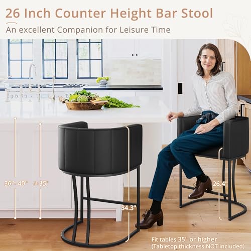 Black Upholstered Counter Stools with Backrest & Arms, Kitchen Island Set of 2
