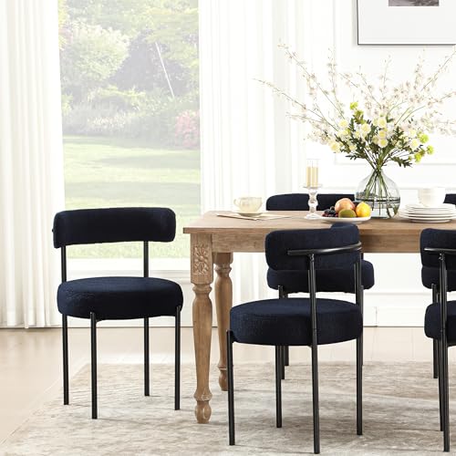 Navy Blue Boucle Dining Chair Set, Curved Backrest, Thick Upholstery