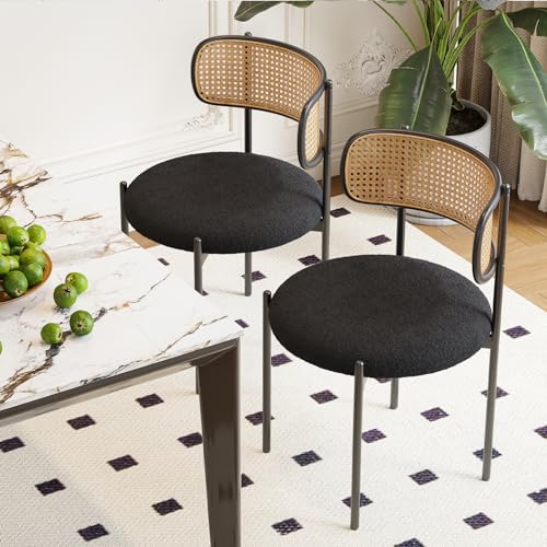 Mid-Century Modern Black Kitchen Dining Chair Set of 4 Rattan Backrest