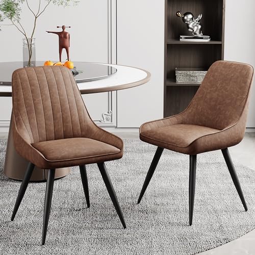 Mid Century Brown Upholstered Dining Chair Set of 2