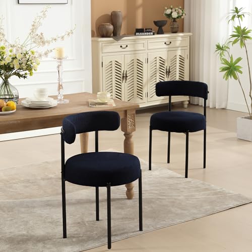 Navy Blue Boucle Dining Chair Set, Curved Backrest, Thick Upholstery