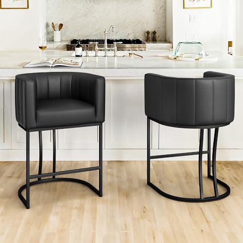 Black Upholstered Counter Stools with Backrest & Arms, Kitchen Island Set of 2