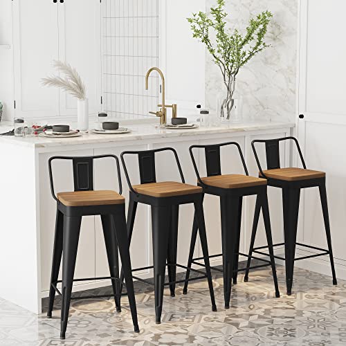 Black Metal Bar Stools with Wooden Seat - 26 Inch Kitchen Counter Set of 4