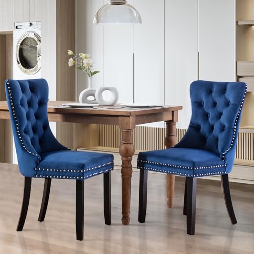 Elegant Modern Blue Velvet Dining Chair Set of 2 Tall Back