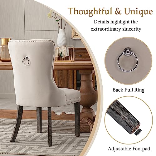 Elegant Beige Velvet Dining Chair Set, Solid Wood Legs, Kitchen/Dining Room